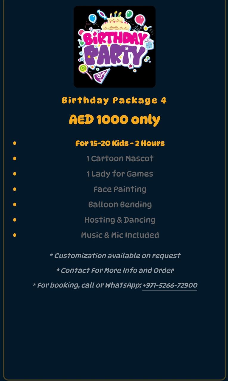 Birthday Package 4 flyer with cartoon mascot, game lady, face painting, balloon bending, hosting and music